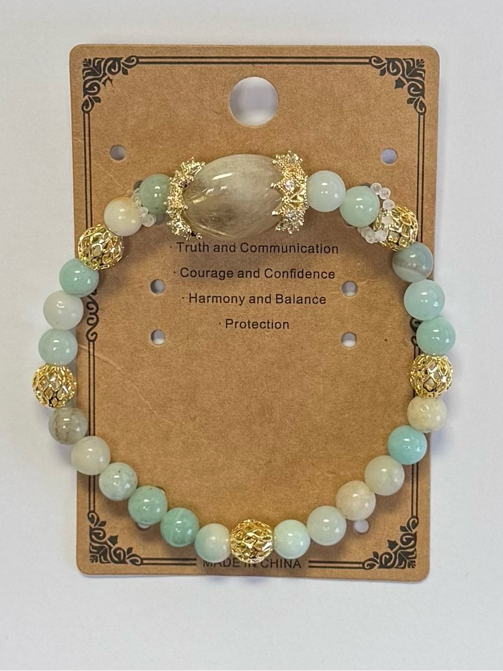 Amazonite Gemstone Stretch Bracelet 18K Gold Plated Accents